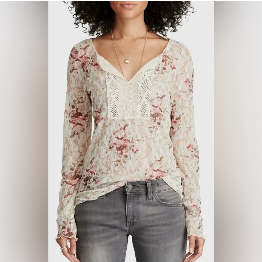 Denim & Supply Ralph Lauren Pink Floral Lace Henley Blouse Y2k Top Size L